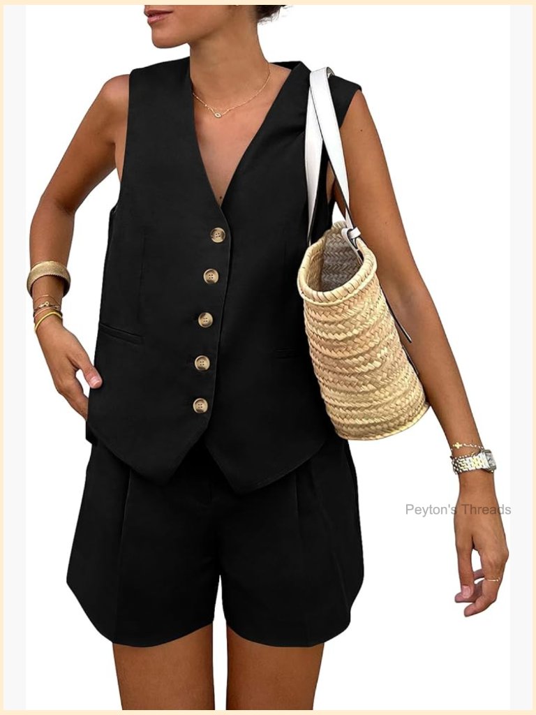 Sleeveless V Neck Vest Waistcoat And Pockets Shorts 2 Piece Set